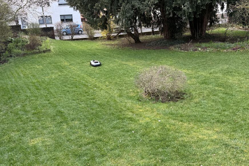 ECOVACS GOAT O1200 LiDAR PRO Mähergebnis nach einem Einsatz, gleichmäßige Mähbahnen auf einem gepflegten Rasen